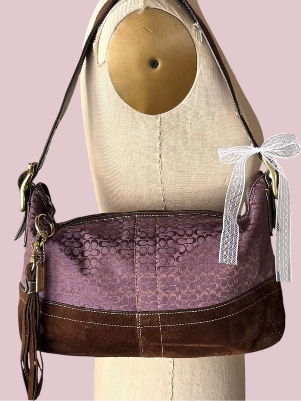 RARE COACH Y2K Legacy East West Shoulder Bag Purple Brown Monogram Suede Small - Picture 9 of 9